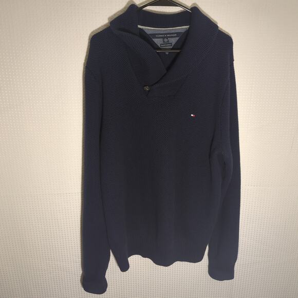 Tommy Hilfiger XXL Shawl Collar Sweater Pima Cotton Merino Wool Navy Pullover - Picture 1 of 6